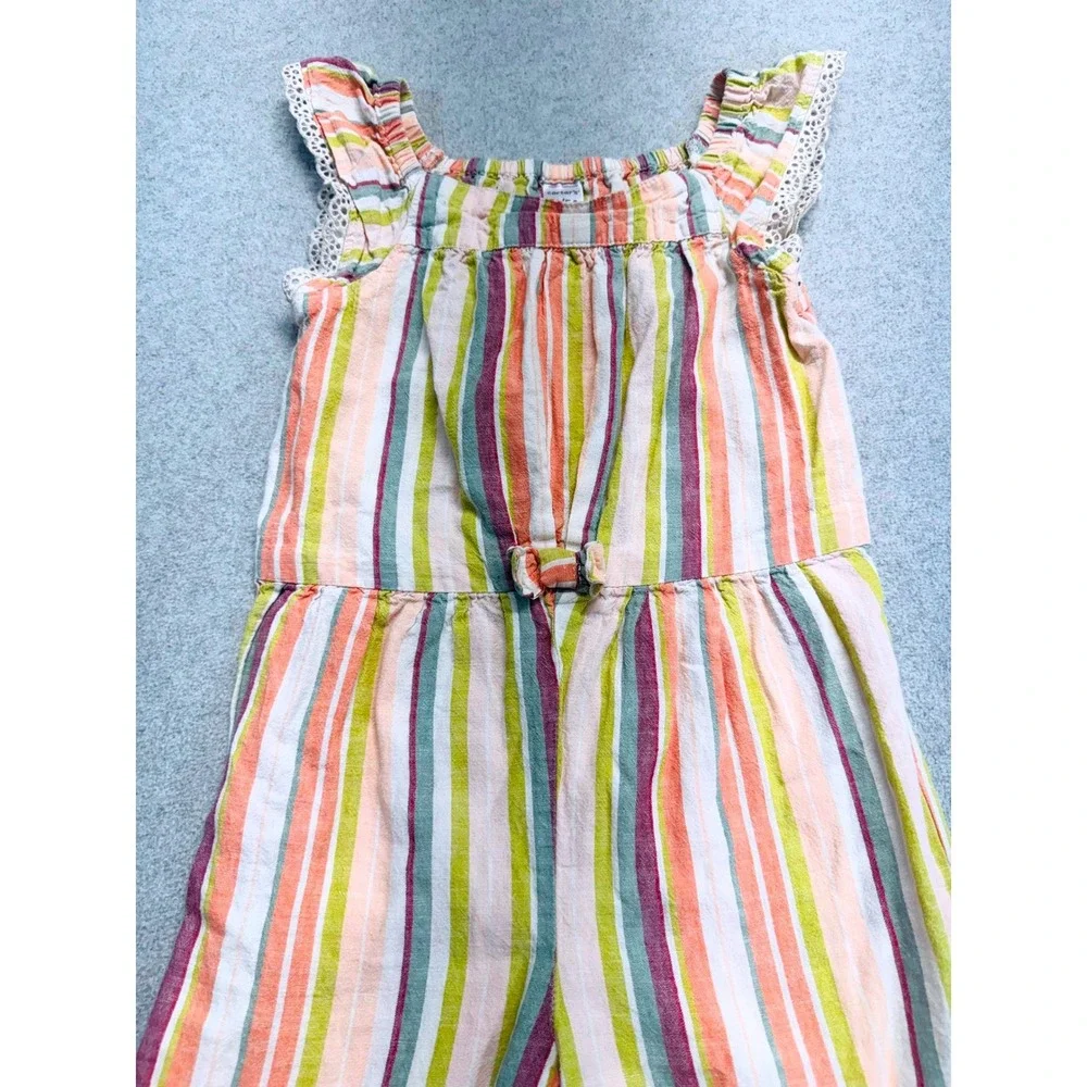 Carter's Girls 5T Striped Jumpsuit Rainbow Linen Blend Ruffle Sleeveless Romper